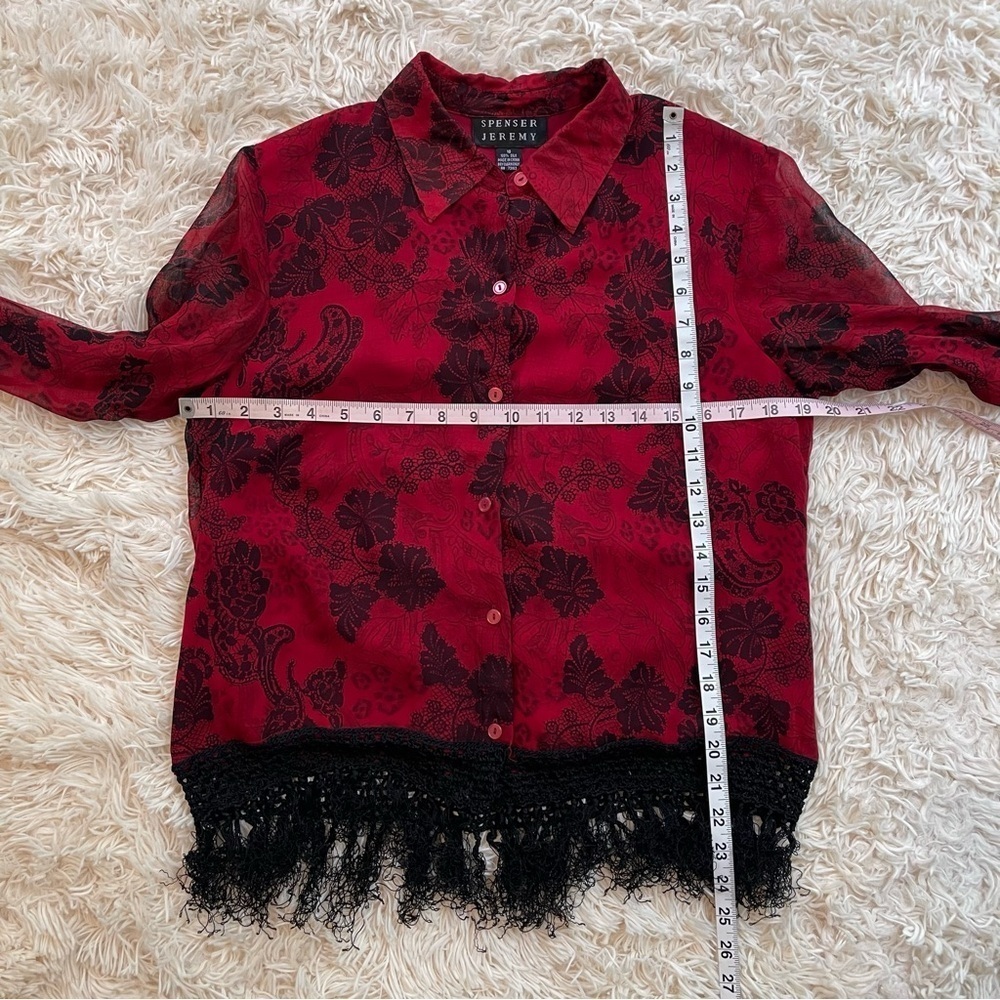 Vintage Spencer Jeremy Silk Semi Sheer Button Down Blouse Fringe red black SZ 10 - Picture 6 of 7
